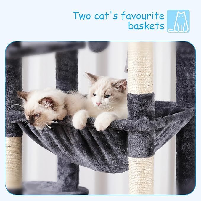 Hey-brother Cat Tree, 69.3-Inches Multi-Level Plush Cat Tower for Indoor Cats with Large Top Perch, Extra Spacious Hammock, 2 Hammocks Ramp, Hanging Ball, Smoky Gray MPJ037G-Mewly Pet
