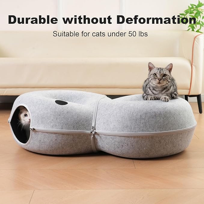 8-Shaped Large Cat Tunnel Bed for Indoor Cats, Infinite Circulation Peekaboo Cat Cave with 12 Toy Balls, Cat Donut Tunnel for Cats up to 30 Pounds (Light Grey, L 38x24x11in)-Mewly Pet