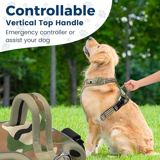 Funfox Dog Harness No Pull, Adjustable Pet Vest Harness, Super Soft Material with Vertical Handle Easy Control, Reflective Night Walking, 2 Leash Clips for Large Dogs, Camo Green, L-Mewly Pet