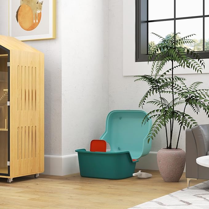 PawHut Cat Litter Box with Lid, Covered Kitty Litter Box Enclosure with Scoop, Openable & Lockable Cover, Easy to Clean, Green-Mewly Pet