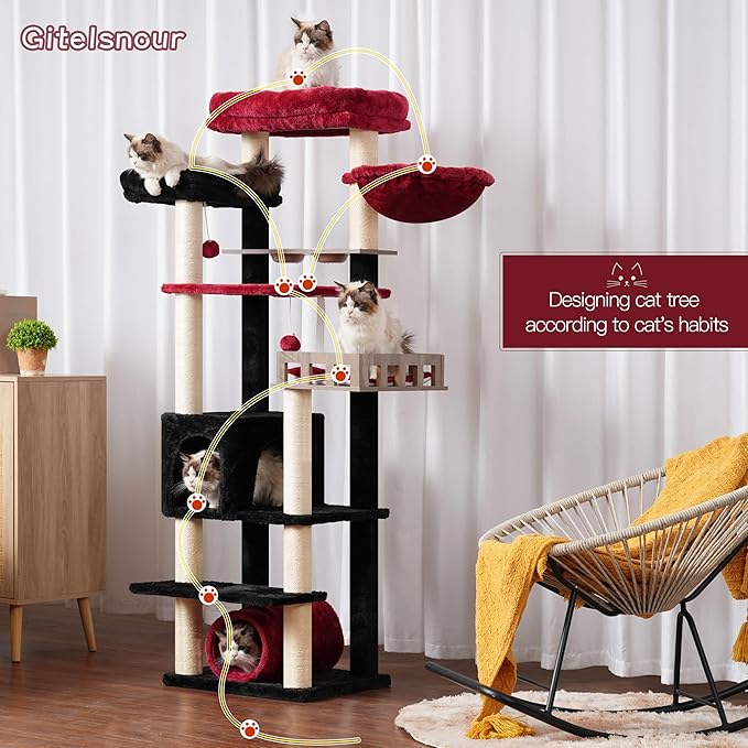 Cat Tree with Tunnel, Cat Tower for Indoor Cats, Tall Gothic Cat Tree Tower with Cat Condo, Food Station, Large Platform, Scratching Posts, Hammock, Black and Red GCT021BR-Mewly Pet