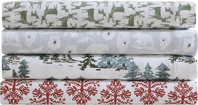 Eddie Bauer - Flannel Sheets Twin Size, Anti-Pilling & Wrinkle Resistant Cotton, Touchably Soft for All-Season Comfort - Bed Sheets with Matching Pillowcase & Fitted Sheet (Snowy Pine Trees Green)