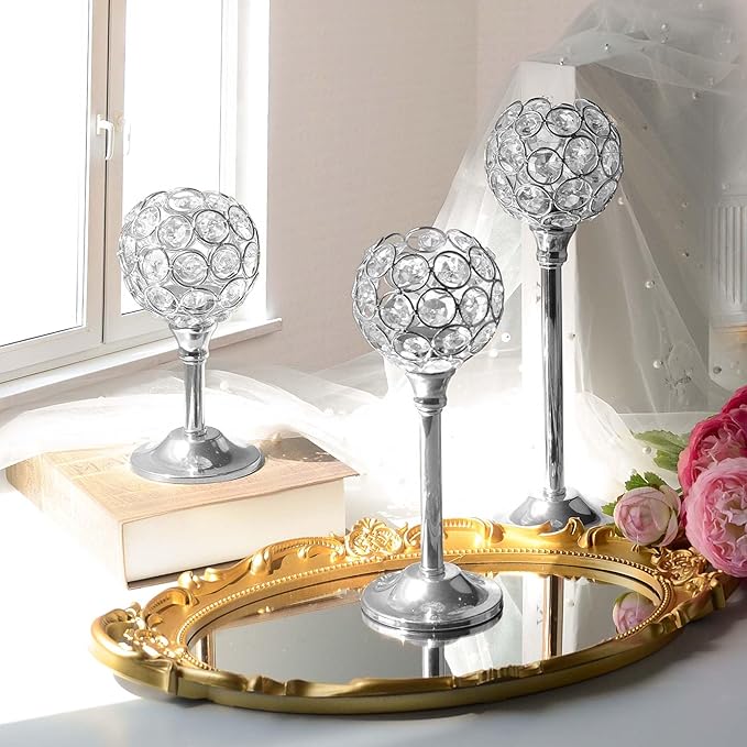 Crystal Metal Tealight Candlestick, Bling Bowl Candelabras, Tall Crystal Votive Candle Holders Elegant Crystal Candle Centerpiece for Dining Table Wedding Decor (Set of 3, Silver)