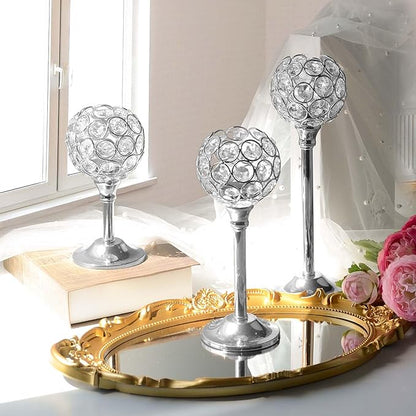 Crystal Metal Tealight Candlestick, Bling Bowl Candelabras, Tall Crystal Votive Candle Holders Elegant Crystal Candle Centerpiece for Dining Table Wedding Decor (Set of 3, Silver)