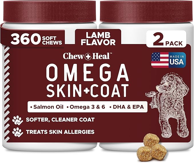 Dog Skin and Coat Supplement -360 Soft Chew Omega Treats for Skin Allergies -Salmon Oil Blend of Essential Fatty Acids, Omega 3, 6, Vitamins, Minerals -Made in USA (2 Packs of 180, Lamb Flavor)-Mewly Pet