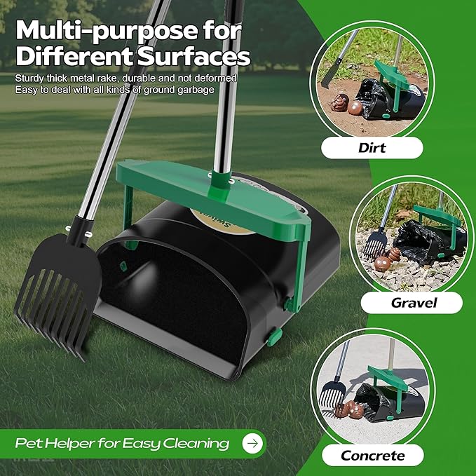 UPSKY Dog Pooper Scooper Swivel Bin & Rake Kit with 100 Waste Bags,33.4" Stainless Steel Long Handle Heavy Duty Pet Poop Shovel for Large Medium Small Dogs, Odor-Proof Lid for Yard/Lawn/Outdoor Use-Mewly Pet
