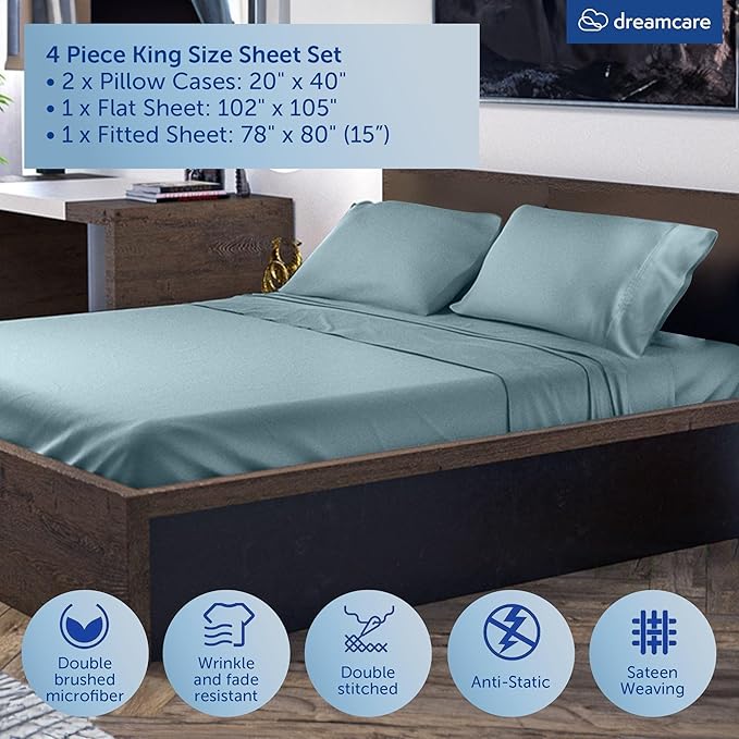 DREAMCARE King Size Sheets Set - Cooling Bed Sheets - 4pcs Set - up to 15" Deep Pocket King Sheet Set – Soft & Long Lasting Cooling - 100% Fine Brushed Microfiber with Side Pocket - Mineral Blue