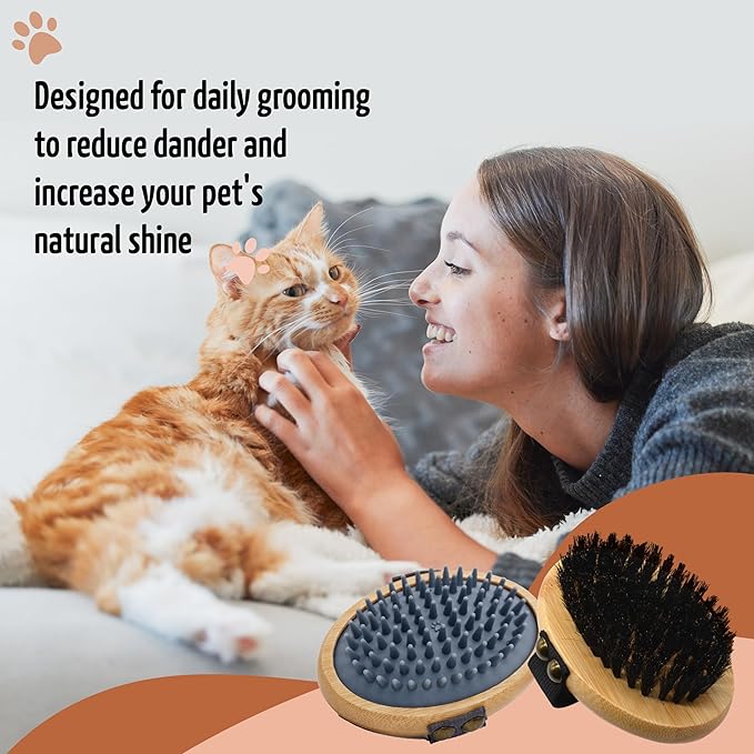 The Buddy System Pet Close Brush, Soft Touch Oval Palm Brush - Bamboo Massage Handheld with Soft Boar Bristles and Elastic Band for Dogs and Cats (2-pack, 1 Brush + 1 Rubber)-Mewly Pet