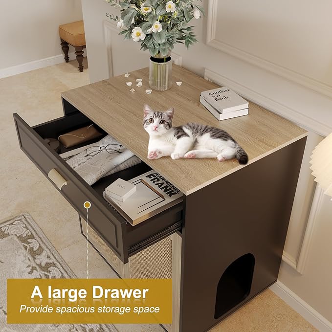 Cat Litter Box Enclosure Furniture Hidden - Indoor 2-in-1 Wooden Cat House & Washroom Cabinet with Scratching Board Doors and Drawer, 31.5”x21.6”x34.6”, Black-Mewly Pet
