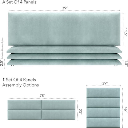 Vänt Upholstered Wall Panels - King/Cal King Size Wall Mounted Headboards - Ribbed Iceland Blue - Twin/King - Set of 4 Panels (Each Individual Panel 39"x11.5")