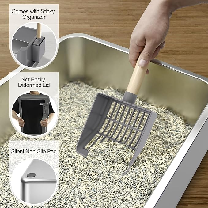 Sousia Stainless Steel Litter Box - Cat Litter Box Enclosure with Lid, High Side Large Cat Litter Tray Easy Cleaning Anti-Leakage with Litter Scoop and High Wall Sides Enclosure for Big Cats-Mewly Pet