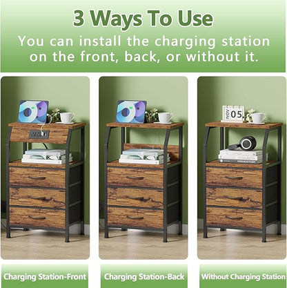Furnulem Night Stand with Charging Station, USB Ports and Outlets, 28.3 Inch Tall Bedside Table with Wood Shelf, 3 Fabric Drawers Side Table for Bedroom, 3 Ways to Use, Rustic Brown