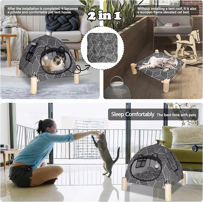 2-in-1 Elevated Cat Tent Cat House, Quick Assembly and Disassembly, Portable Indoor/Outdoor Cute Cat Bed Cave-Black Diamond Pattern-Mewly Pet