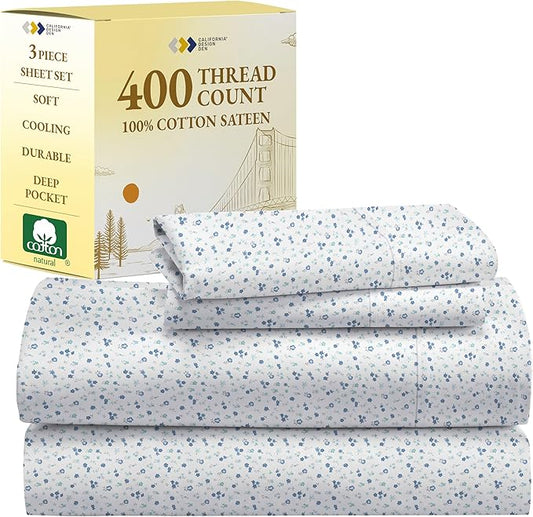 California Design Den Deep Pocket Twin Sheets Set - 400 Thread Count Sateen, Natural 100% Cotton Sheets, Cooling and Durable Bedding Set - Blooming Meadows