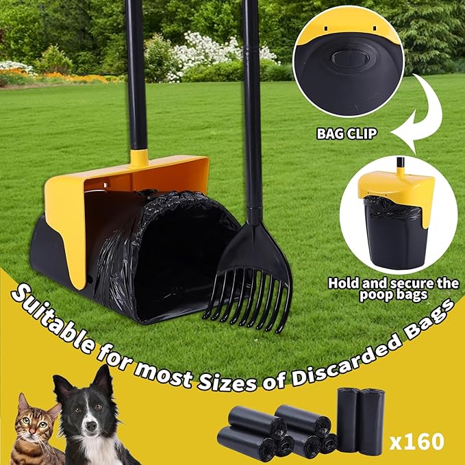 Pooper Scooper Large Swivel Bin & Rake with 160 Waste Bags,Heavy Duty Dog Pooper Scooper with Bag Attachment for Large Small Dogs, Long Handle Poop Scooper with Lid for Yard, Grass, Gravel (Yellow)-Mewly Pet