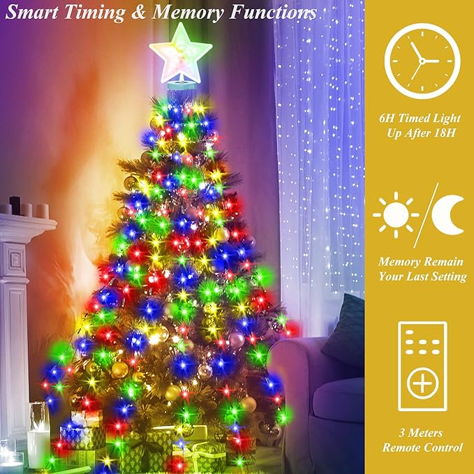 Christmas Tree Lights String, 410LED Christmas Lights for Tree with 8 Light Modes & Memory Function, 6.6FT x 16 String Lights with Timing & Remote Control for Christmas Decoration - Multicolor