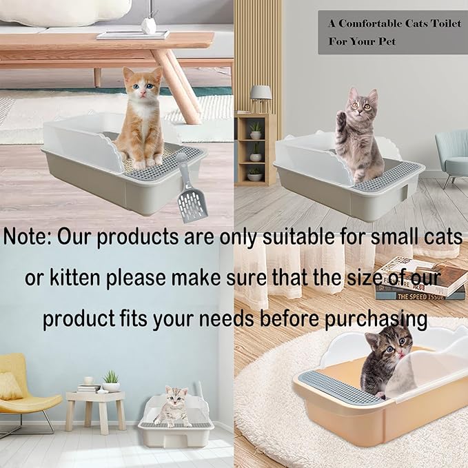 kathson Open Small Cat Litter Box with High Side,Anti-Splashing Kitten Litter Pan,Semi-Enclosed Removable Kitty Cat Toilet with Litter Sifting Scoop for Boxes Easy to Clean No Odor-Grey-Mewly Pet