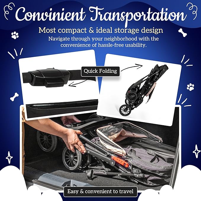 Pet Stroller with 4 Rolling Casters for Pets – Lightweight Multifunctional Travel Stroller with Mesh Windows, Cup Holder, Sun Shades & Storage Pocket for Puppy and Kitty-Mewly Pet