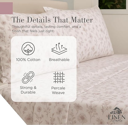 Linen Home 100% Cotton Printed Percale Sheets Queen Size, Deep Pocket, 4 Pieces Set - 1 Flat, 1 Deep Pocket Fitted Sheet and 2 Pillowcases, Crisp Cool and Strong Bed Linen, Mauve Botanical Floral