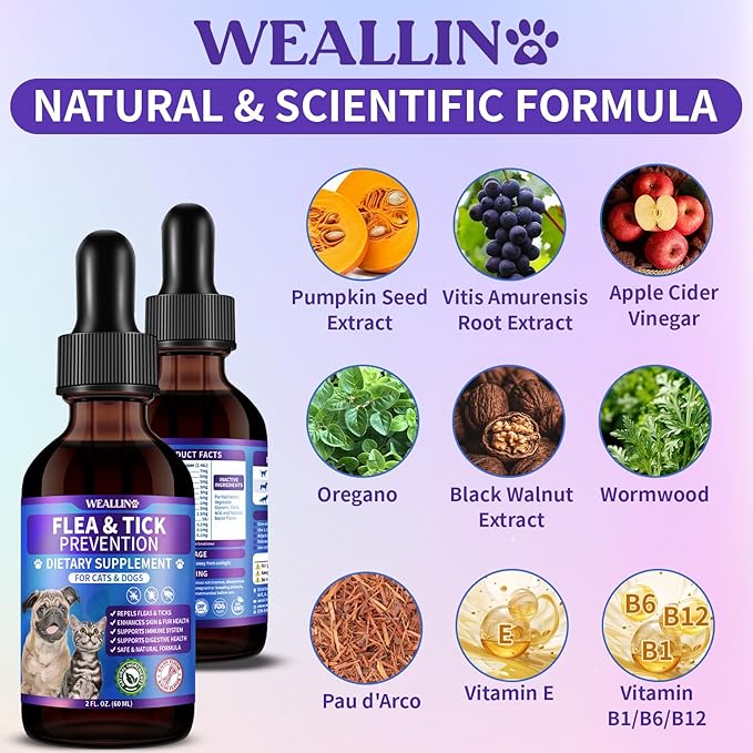 Flea and Tick Prevention Support for Cats and Dogs Natural Flea Treatment Drops with Multivitamin for Pets Oral Natural Supplement Flea and Tick Treatment Drops for All Breeds and Ages-Mewly Pet