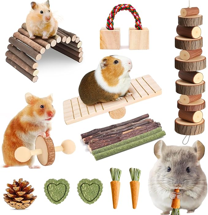 18 PCS Hamster Chew Toys Set, Natural Apple Wood Guinea Pig Toys, Hamster Cage Accessories Include Bridge, Seesaw, Carrot, Timothy Straw Stick Dental Care for Rat Gerbil Chinchilla Rabbits-Mewly Pet