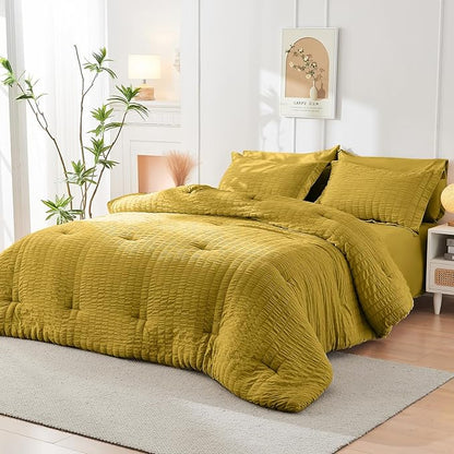 HYMOKEGE Mustard Yellow California King Comforter Set Seersucker 7 Pieces, All Season Luxury Bed in a Bag for Bedroom, Bedding Set with Comforter, Sheets, Pillowcases & Shams