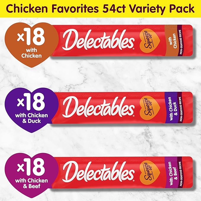 Delectables Squeeze Up Non-Seafood Variety Pack, Creamy Squeezable Puree, Lickable Wet Cat Treats, Grain Free, No Added Fillers, No By-Products, No Added Preservatives, 0.5 Ounces Tube, 54 Tubes Total-Mewly Pet