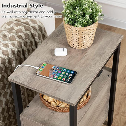 HOOBRO End Table with Charging Station, Narrow Side Table with 2 Drawers & USB Ports & Power Outlets, Nightstand for Small Spaces, Bedroom, Living Room, Stable and Sturdy, Greige and Black BG541BZ01
