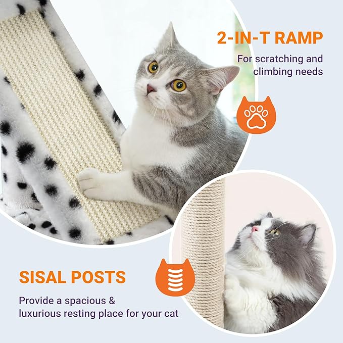 Allewie 81 Inches Tall Cat Tree/Multi-Level Large Climbing Tree House and Towers for Big Feline/Condo and Hammock/Scratching Post/Wide Base/White & Black Spot-Mewly Pet