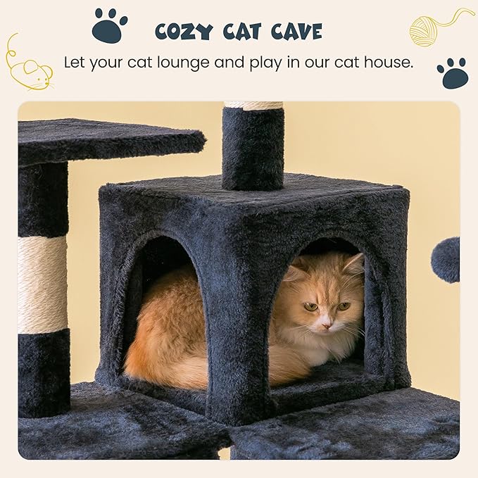 MWPO 63.8 inches Multi-Level Cat Tree for Large Cats with Sisal-Covered Scratching Posts, Padded Platform, Hammock and Condo,Stable Cat Tower Cat Condo Pet Play House-Smoky Gray-Mewly Pet
