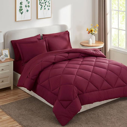 CozyLux Full Size Comforter Sets Burgundy - 7 Pieces Bed in a Bag Full, Luxury Soft Bed Set for All Seasons, Bedding Set with Down Alternative Comforter, Sheets, Pillowcases & Shams, Red
