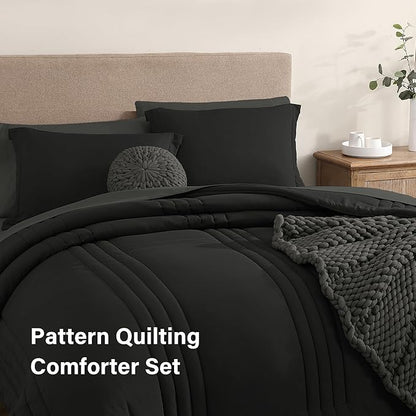 Monbix Full Comforter Set - 7 Pieces Black Bed in a Bag Full Size Bedding Sets with Comforters, All Seasons Down Alternative Comforter with Sheets,Pillowcases & Shams