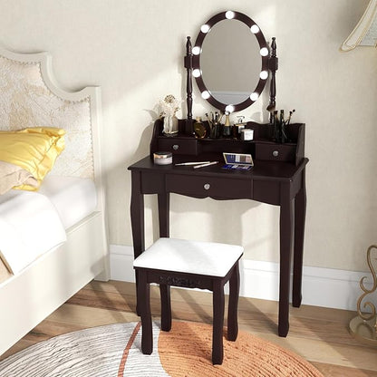 CHARMAID Girls Makeup Vanity Desk with Lights, Vanity Table with Lighted Mirror, 3 Lighting Modes, Adjustable Brightness, Modern Makeup Table with 3 Drawers and Stool for Small Space (Espresso)