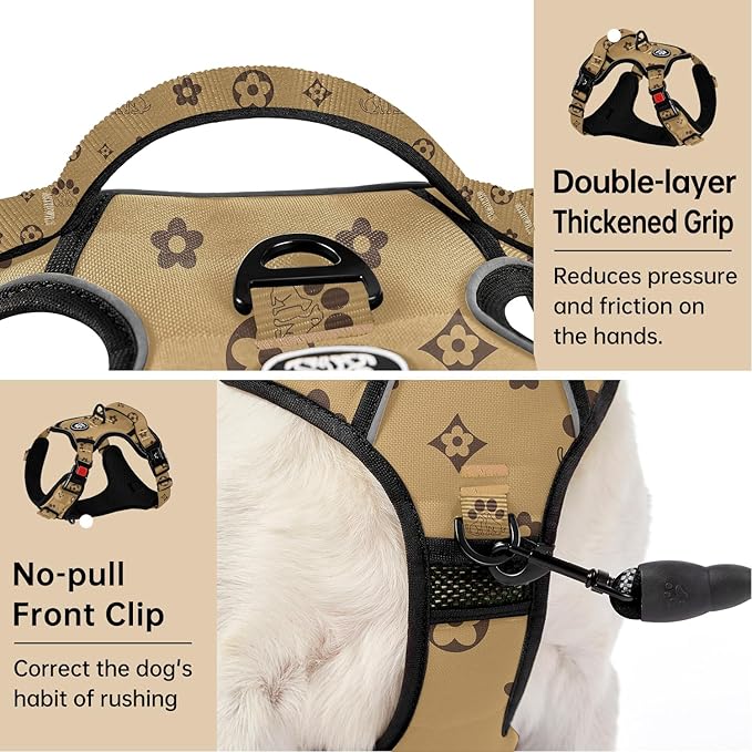 IVY&LANE No Pull Dog Harness with Leash Set, Reflective No Choke Pet Vest,Adjustable Oxford Dog Vest Harness with Easy Control Handle for Large Dogs (Light Brown,L)-Mewly Pet