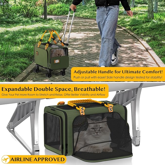 PAWZIDEA Expandable Pet Carrier with Wheels, 18X11X11 TSA Airline Approved Cat Carrier w/ID Card for 2 Cats, Small Dog Carrier Car Seat Travel Bag, Max Weight Recommendation 18 lbs，Green-Mewly Pet