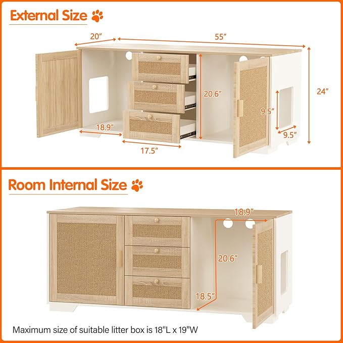 Cat Litter Box Enclosure Furniture Hidden Indoor 2-in-1 Wooden Cat & Washroom Cabinet with Scratching Board Doors and 3 Drawer for 2 Cats, 55"x20"x24"H-Mewly Pet