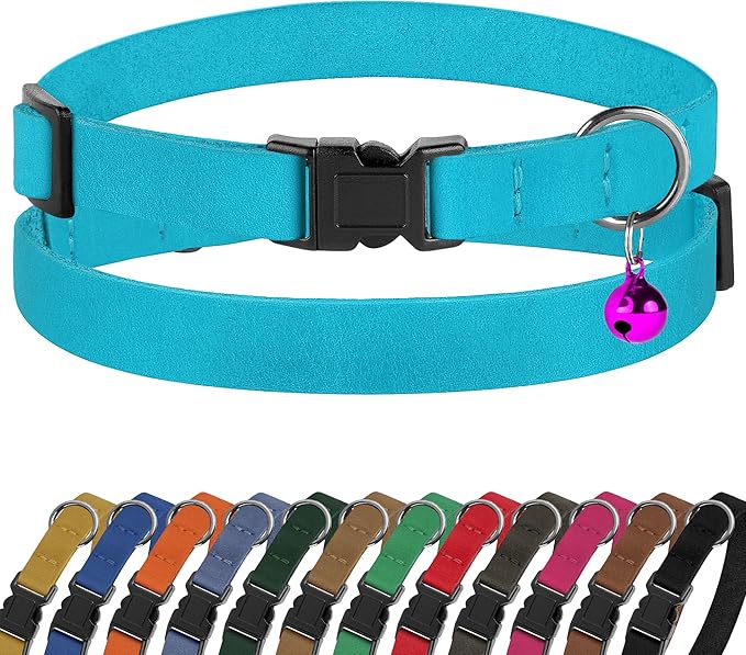 Breakaway Cat Collar Leather with Removable Bell - 13 Colors Available - Soft Adjustable Girl Boy Safety Lightweight Pet Kitten Collars Pink Brown Blue Green Red Orange Black (Aquamarine)-Mewly Pet