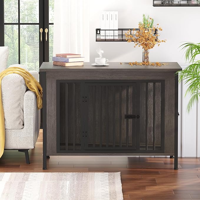 EasyCom 39.96" XL Wooden Large Dog Crate Furniture for Medium and Large Breed, Chew-Resistant Dog Kennel Furniture Indoor with 2 Doors and 3.94" Raised Feet, as TV Stand, End Table, Crate Table-Mewly Pet