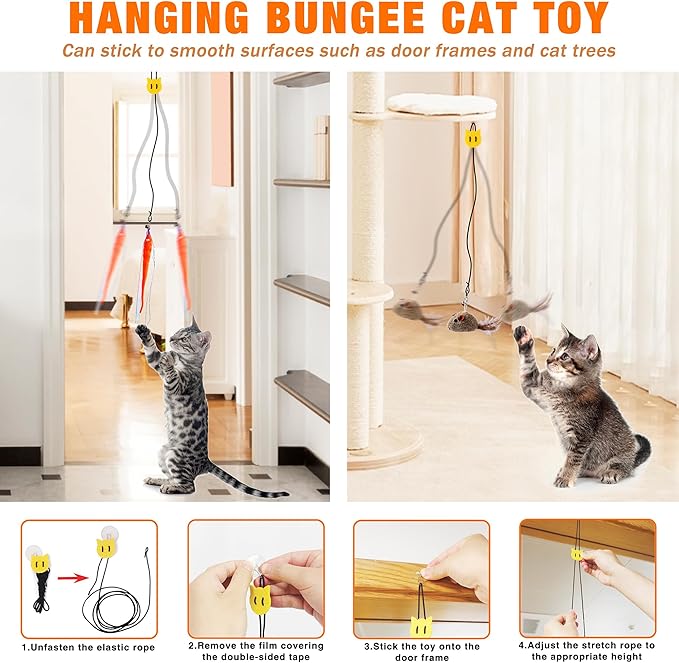 JXFUKAL Interactive cat Toy, Automatic Cat Wand Toy with Stable Wooden Base, 2 PCS Detachable Cat Teaser, 5PCS Refills Replacement & Hanging Cat Toy, Kitty Kitten Toys Cat Feather Spring String Toy-Mewly Pet