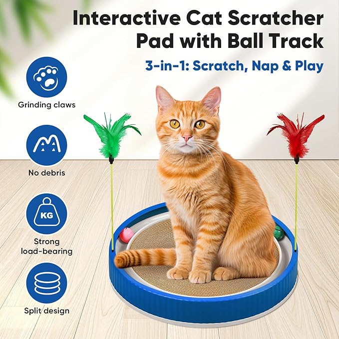 20-Inch Round Cat Scratcher with Ball Track – 3-in-1 Cardboard Scratching Pad with Feather Toy & Non-Slip Base – Interactive Cat Toy for Indoor Cats, Kittens & Large Cats (Blue)-Mewly Pet