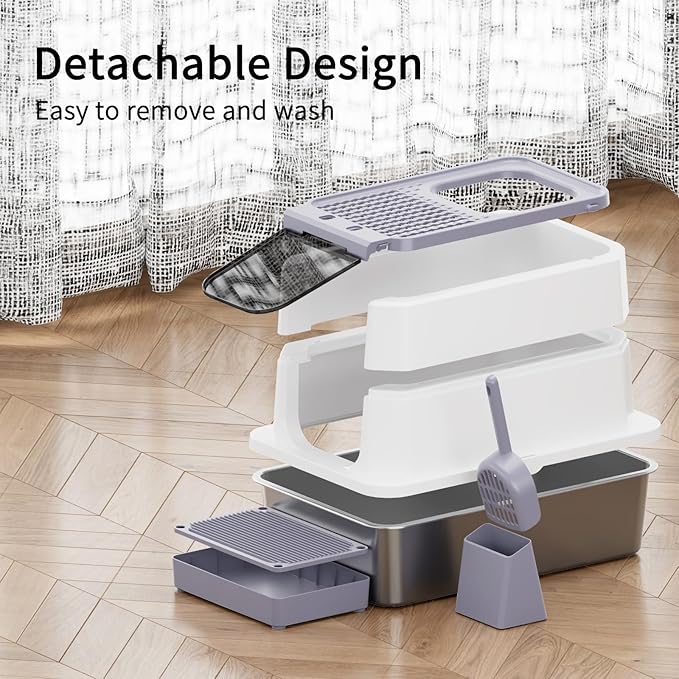 RIZZARI Stainless Steel Cat Litter Box, Odorless Enclosed Litter Box with Top Holes, Large Litter Pan for Small to Large Sized Cats (Light Gray, 23.8" L*15.9" W*16.1" H)-Mewly Pet