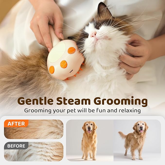 Steam Cat Brush, 6-in-1 Dog Brush Spritz Defur Comb, Steamy Skin Friendly Deshedding Grooming Tool, Suitable for Shedding & Haired Pets, Pet Supplies Accessories,White-Mewly Pet