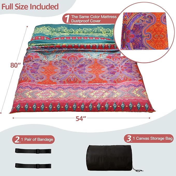 MAXYOYO Bohemian Retro Mattress Boho Floral Japanese Futon Mattress Tatami Floor Mat Foldable Portable Camping, Sleeping Pad, Lounger Couch Bed Full Size