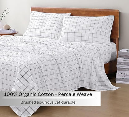 LANE LINEN 100% Organic Cotton Full Size Bed Sheets, Eco Friendly Fully Elasticized Okeo Tex Certified Printed Cotton Sheets Full, Percale Weave Soft & Comfy Comes in Variety of Prints - Windowpane