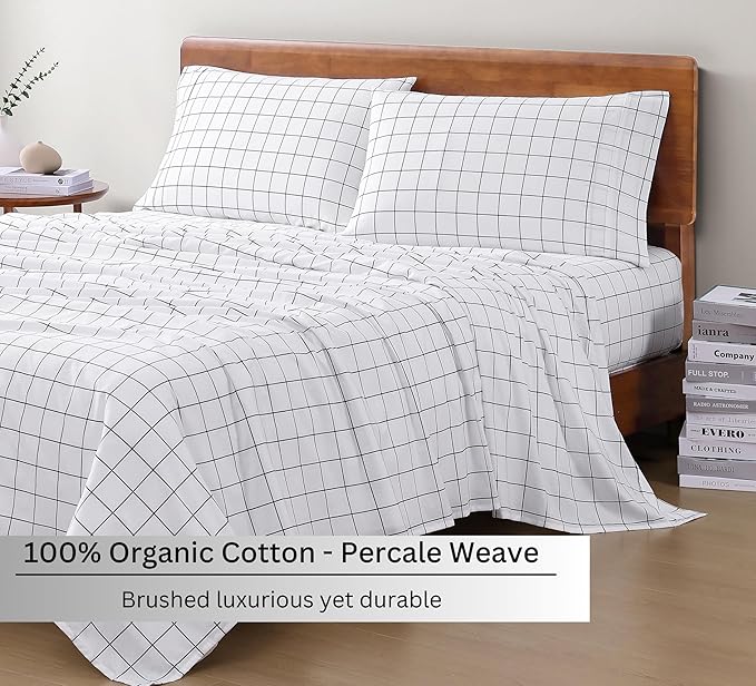 LANE LINEN 100% Organic Cotton Printed California King Sheets Set, 4-Piece Organic Cotton Long Staple Percale Weave Soft Best Bedding Sheets for Bed, Breathable- Charcoal Windowpane
