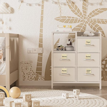 Furnulem 5 Drawer White Dressers for Bedroom 2 Tier Shelf Storage Small Fabric Dresser for Closet Sturdy Metal Frame Modern Style Storage Cabinets Organization Units for Hallway Rooms