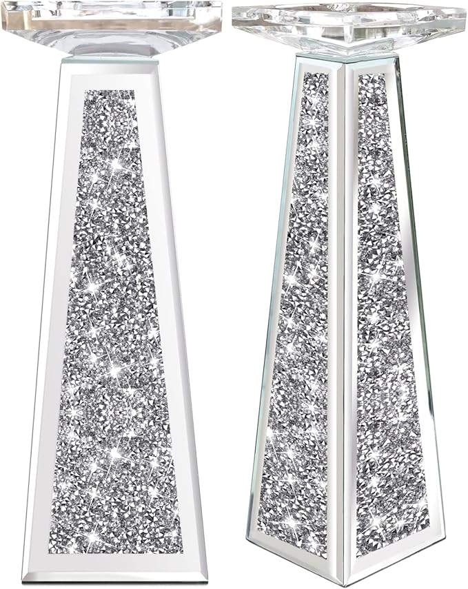 Wocred 2 Piece Candlestick Holders for Holding Pillar Candles, Crystal Crushed Diamond Candle Holders Set Decor for Dinning Room, Silver Glass Votive Candle Holders for Table Centerpiece(12”)