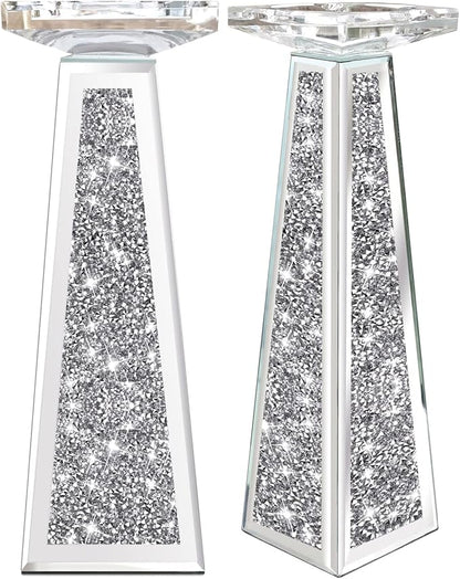 Wocred 2 Piece Candlestick Holders for Holding Pillar Candles, Crystal Crushed Diamond Candle Holders Set Decor for Dinning Room, Silver Glass Votive Candle Holders for Table Centerpiece(12”)