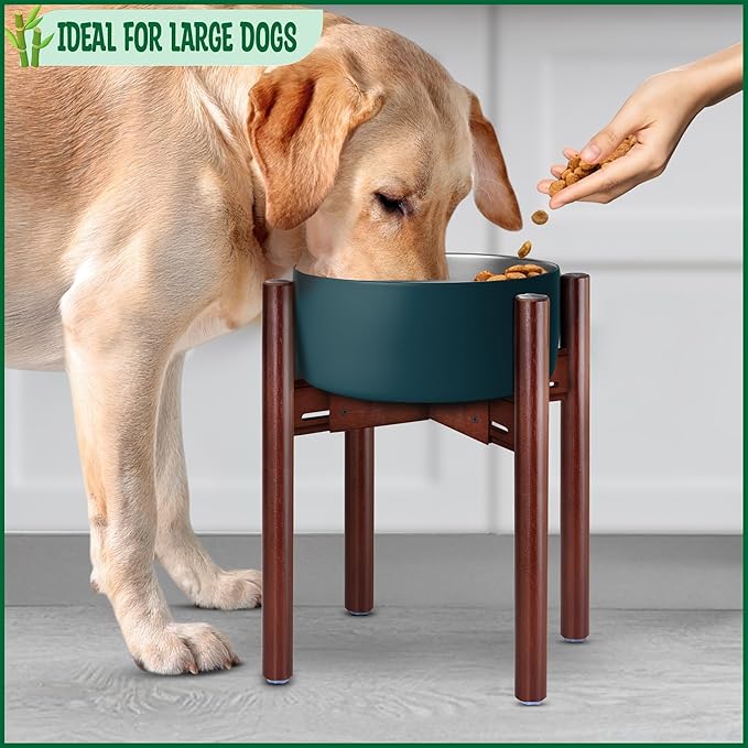 Stand for Dog Water/Food Bowl, Fountain Dishes and Feeders - Makes 14-inch High, Ideal for Large Breeds - Adjustable Sideways with Lock, Dark Wood - Bowls Not Included-Mewly Pet