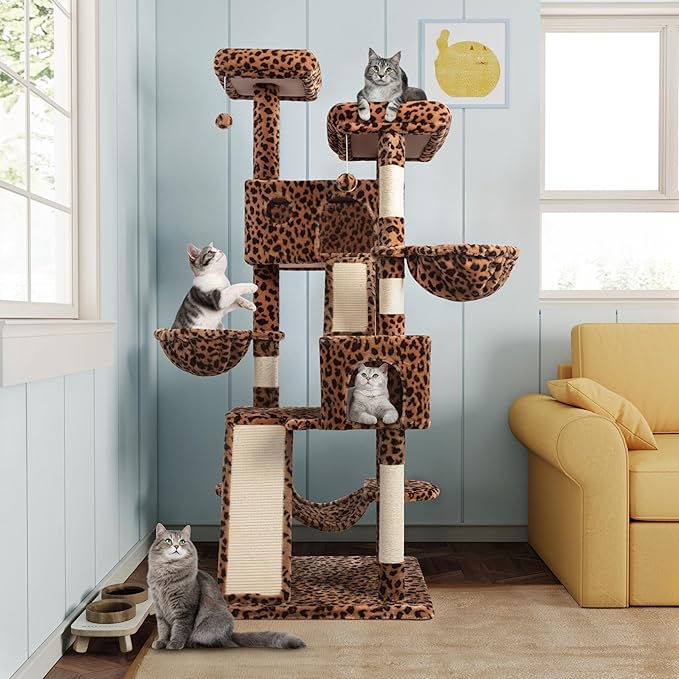 MUTICOR 66 Inches Multi-Level Large Cat Tree Tower for Indoor Big Feline/Cozy Plush Perches/Condo/Sisal Scratching Posts/Hammock and Baskets/Activity Center Play House/Wide Base/Leopard Print-Mewly Pet